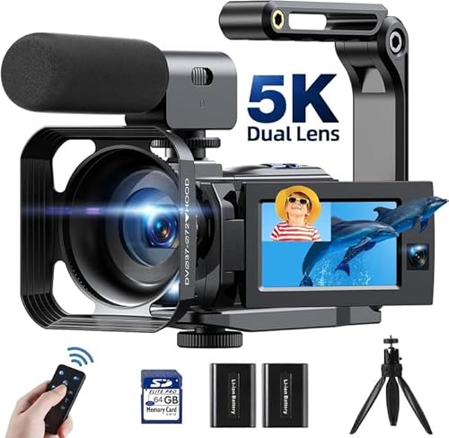 Videokamera-Camcorder 5K 56MP Doppelobjektiv WiFi 16X Digitalzoom 3,0-Zoll-Touchscreen Vlog-Kamera für YouTube IR-Nachtsicht-Videorecorder mit 2 Akkus,64G-Karte,Mikrofon,Gegenlichtblende,Fernbedienung von CAMWORLD