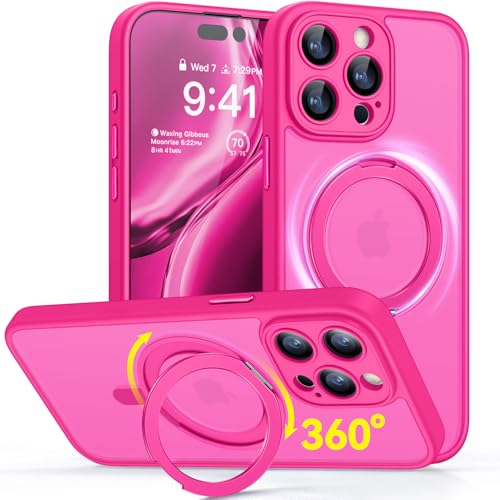 CANSHN 360° Ständer für iPhone 15 Pro Hülle mit Kameraschutz für Magsafe (Magnetischer Robust Standring), Matt Leuchtend Rosa von CANSHN