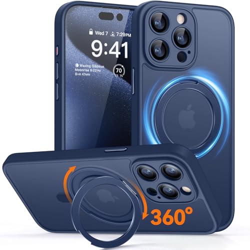 CANSHN 360° Ständer für iPhone 15 Pro Max Hülle mit Kameraschutz für Magsafe (Magnetischer Robust Standring), Matt Dunkelblau von CANSHN