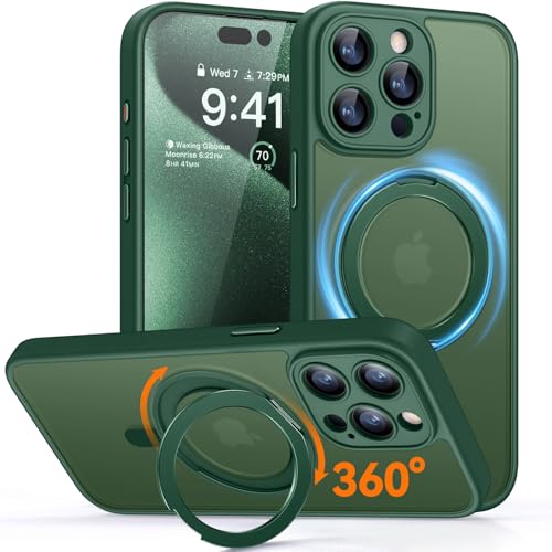 CANSHN 360° Ständer für iPhone 15 Pro Max Hülle mit Kameraschutz für Magsafe (Magnetischer Robust Standring), Matt Dunkelgrün von CANSHN