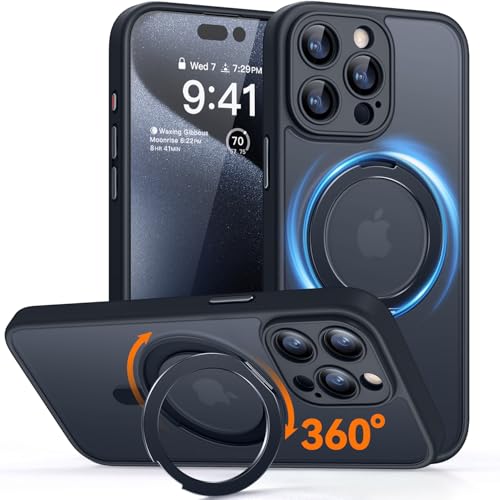 CANSHN 360° Ständer für iPhone 15 Pro Max Hülle mit Kameraschutz für Magsafe (Magnetischer Robust Standring), Matt Schwarz von CANSHN
