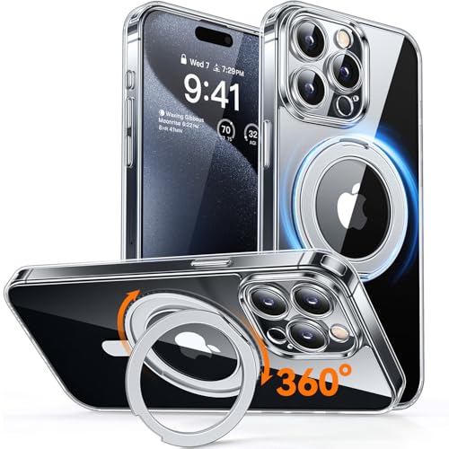CANSHN 360° Ständer für iPhone 15 Pro Max Hülle mit Kameraschutz für Magsafe (Magnetischer Robust Standring), Transparent von CANSHN