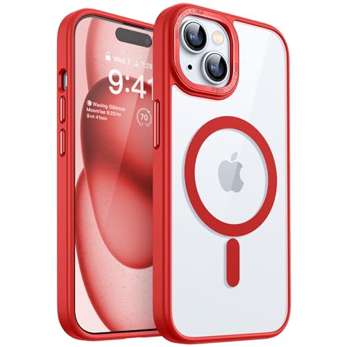 CANSHN Magnetisch für iPhone 15 Hülle Kompatibel mit MagSafe Kabellosem Laden, [Nie Vergilbung] Stoßfest Handyhülle, Schutzhülle Kratzfeste Transparente Rückseite, Rot von CANSHN