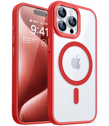 CANSHN Magnetisch für iPhone 15 Pro Max Hülle Kompatibel mit MagSafe Kabellosem Laden, [Nie Vergilbung] Stoßfest Handyhülle, Schutzhülle Kratzfeste Transparente Rückseite, Rot von CANSHN