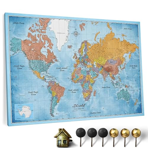 Hochwertige Canvas Weltkarte mit Kork-Pinnwand - Deutsche Beschriftung - Dekorative Wanddeko für alle Zimmer - Leinwandbilder mit Weltkarte Motiv (120x80 cm, Muster 10) von CANVASCALE