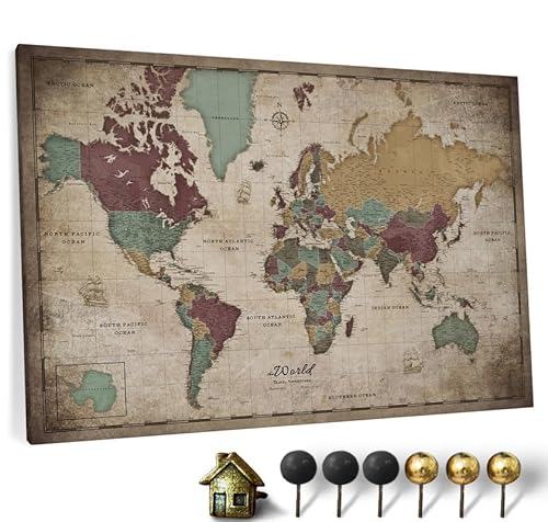 Hochwertige Canvas Weltkarte mit Kork-Pinnwand - Deutsche Beschriftung - Dekorative Wanddeko für alle Zimmer - Leinwandbilder mit Weltkarte Motiv (120x80 cm, Muster 12) von CANVASCALE