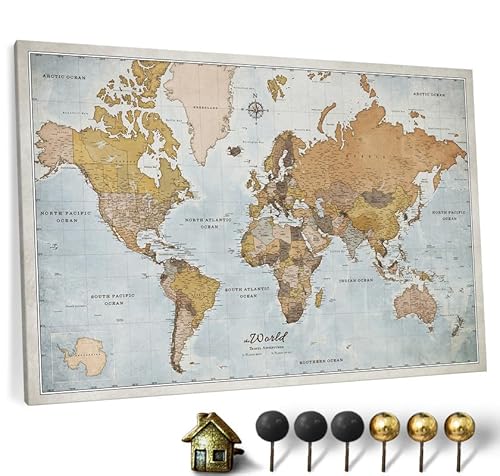 Hochwertige Canvas Weltkarte mit Kork-Pinnwand - Deutsche Beschriftung - Dekorative Wanddeko für alle Zimmer - Leinwandbilder mit Weltkarte Motiv (120x80 cm, Muster 14) von CANVASCALE