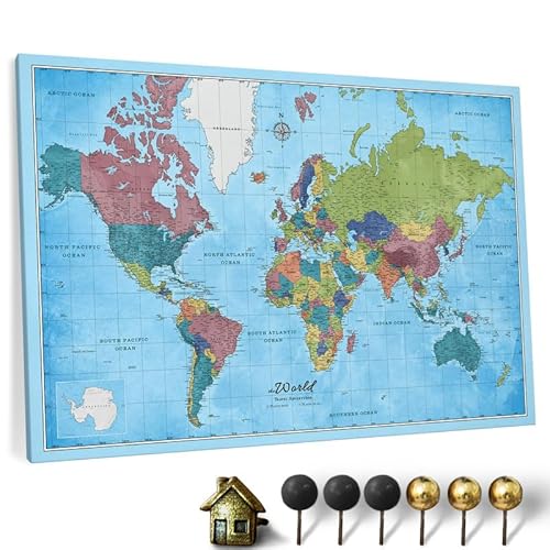 Hochwertige Canvas Weltkarte mit Kork-Pinnwand - Deutsche Beschriftung - Dekorative Wanddeko für alle Zimmer - Leinwandbilder mit Weltkarte Motiv (120x80 cm, Muster 21) von CANVASCALE