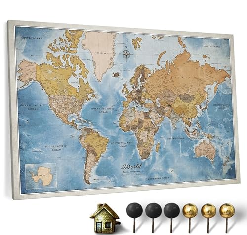 Hochwertige Canvas Weltkarte mit Kork-Pinnwand - Deutsche Beschriftung - Dekorative Wanddeko für alle Zimmer - Leinwandbilder mit Weltkarte Motiv (150x100 cm, Muster 15) von CANVASCALE