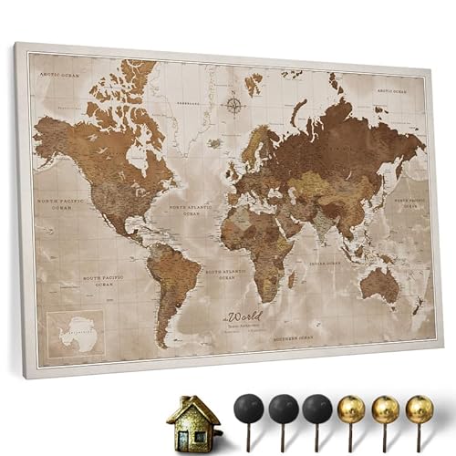 Hochwertige Canvas Weltkarte mit Kork-Pinnwand - Deutsche Beschriftung - Dekorative Wanddeko für alle Zimmer - Leinwandbilder mit Weltkarte Motiv (70x50 cm, Muster 17) von CANVASCALE