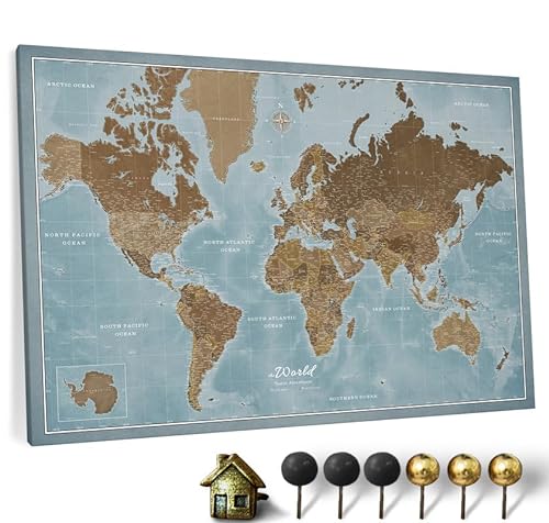 Hochwertige Canvas Weltkarte mit Kork-Pinnwand - Deutsche Beschriftung - Dekorative Wanddeko für alle Zimmer - Leinwandbilder mit Weltkarte Motiv (70x50 cm, Muster 2) von CANVASCALE