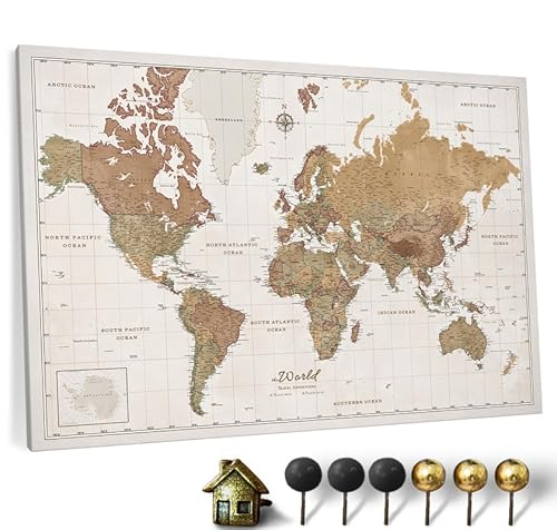 Hochwertige Canvas Weltkarte mit Kork-Pinnwand - Deutsche Beschriftung - Dekorative Wanddeko für alle Zimmer - Leinwandbilder mit Weltkarte Motiv (90x60 cm, Muster 16) von CANVASCALE