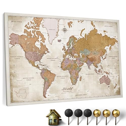 Hochwertige Canvas Weltkarte mit Kork-Pinnwand - Deutsche Beschriftung - Dekorative Wanddeko für alle Zimmer - Leinwandbilder mit Weltkarte Motiv (90x60 cm, Muster 22) von CANVASCALE