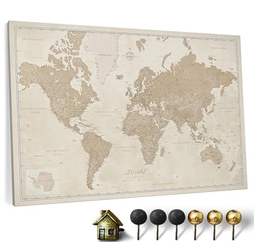 Hochwertige Canvas Weltkarte mit Kork-Pinnwand - Deutsche Beschriftung - Dekorative Wanddeko für alle Zimmer - Leinwandbilder mit Weltkarte Motiv (90x60 cm, Muster 9) von CANVASCALE