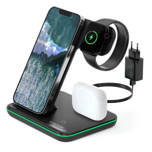 CANYON 3 in 1 Ladestation iPhone Airpods Kompatibel mit AirPods, iPhone Wireless Charger für Qi Geräte Adapter 18W (Schwarz - Mit Ladeanschluss für Airpods) von CANYON