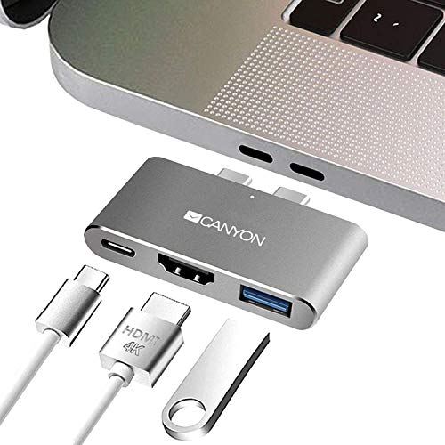 CANYON Thunderbolt 3 Hub, 3-In-1 USB-C Docking-Station, Mehrfach Port Verteiler inkl. 4k HDMI und USB 3.0 für MacBook Pro und Air, Multiport Adapter mit Schnellladefunktion von CANYON