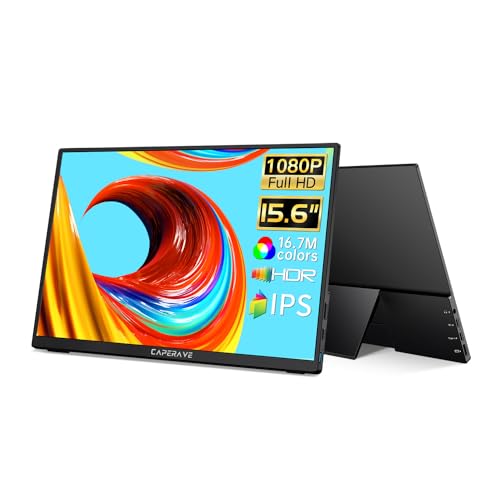 CAPERAVE Portable Monitor, 15,6" FHD IPS Tragbarer Monitor mit Lautsprechern & Einer Stütze, Ultra-Dünner Zweitbildschirm für Laptop/PC/Mac - USB C & HDMI Anschluss, inklusive Schutzhülle von CAPERAVE