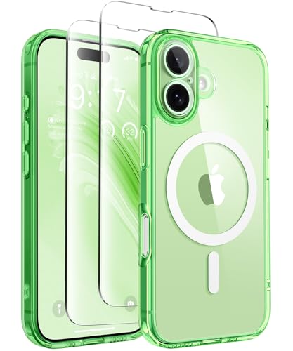 CAPRARO Magnetisch Kompatibel mit iPhone 16 Hülle,Verbessert[Vollständiger Schutz der Kamera] [Kompatibel mit MagSafe] Schützende Transluzente Matte Frauen Mädchen Handyhülle Abdeckung, Klar Grün von CAPRARO