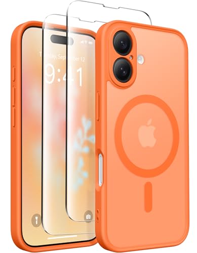 CAPRARO Magnetisch Kompatibel mit iPhone 16 Hülle,Verbessert[Vollständiger Schutz der Kamera] [Kompatibel mit MagSafe] Schützende Transluzente Matte Frauen Mädchen Handyhülle Abdeckung, Orange Gelb von CAPRARO