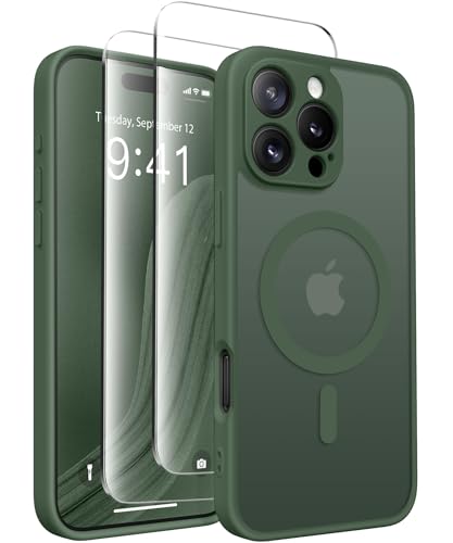 CAPRARO Magnetisch Kompatibel mit iPhone 16 Pro Hülle,Verbessert[Vollständiger Schutz der Kamera] [Kompatibel mit MagSafe] Schützende Transluzente Matte Frauen Handyhülle Abdeckung, Dunkel Grün von CAPRARO