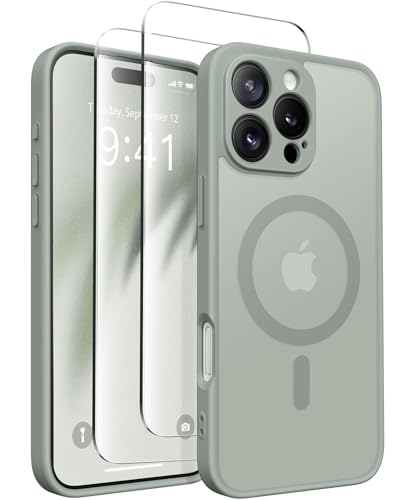 CAPRARO Magnetisch Kompatibel mit iPhone 16 Pro Hülle,Verbessert[Vollständiger Schutz der Kamera] [Kompatibel mit MagSafe] Schützende Transluzente Matte Frauen Mädchen Handyhülle Abdeckung, Grau Grün von CAPRARO