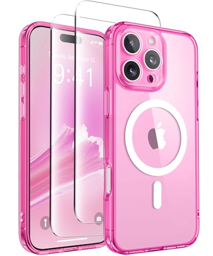 CAPRARO Magnetisch Kompatibel mit iPhone 16 Pro Hülle,Verbessert[Vollständiger Schutz der Kamera] [Kompatibel mit MagSafe] Schützende Transluzente Matte Frauen Mädchen Handyhülle Abdeckung, Klar Neon von CAPRARO