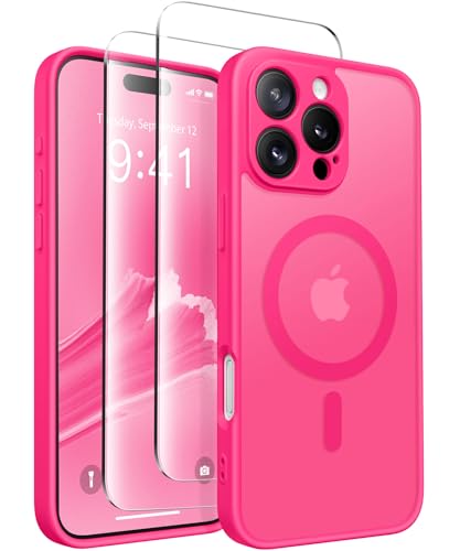 CAPRARO Magnetisch Kompatibel mit iPhone 16 Pro Hülle,Verbessert[Vollständiger Schutz der Kamera] [Kompatibel mit MagSafe] Schützende Transluzente Matte Mädchen Handyhülle Abdeckung, Heißes Rosa von CAPRARO