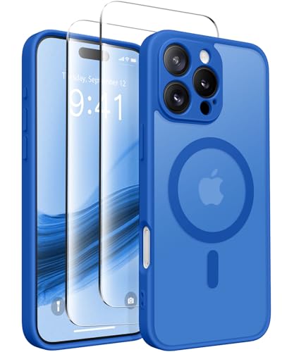 CAPRARO Magnetisch Kompatibel mit iPhone 16 Pro Max Hülle,Verbessert[Vollständiger Schutz der Kamera] [Kompatibel mit MagSafe] Schützende Transluzente Matte Frauen Handyhülle Abdeckung, Klein Blau von CAPRARO