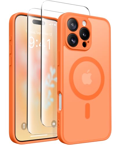 CAPRARO Magnetisch Kompatibel mit iPhone 16 Pro Max Hülle,Verbessert[Vollständiger Schutz der Kamera] [Kompatibel mit MagSafe] Schützende Transluzente Matte Frauen Handyhülle Abdeckung, Orange Gelb von CAPRARO