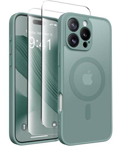 CAPRARO Magnetisch Kompatibel mit iPhone 16 Pro Max Hülle,Verbessert[Vollständiger Schutz der Kamera] [Kompatibel mit MagSafe] Schützende Transluzente Matte Handyhülle Abdeckung, Mitternachts Grün von CAPRARO