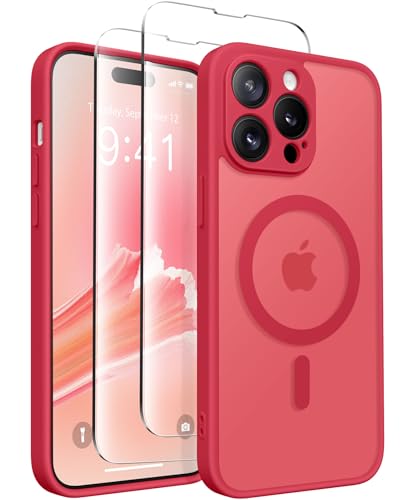 CAPRARO Magnetisch für iPhone 14 Pro Max Hülle, [Kompatibel mit MagSafe] [Vollkameraschutz] Stoßfeste, schützende, schlanke, durchscheinende matte Handyhülle für iPhone 14 Pro Max 6,7 Zoll, Rot von CAPRARO