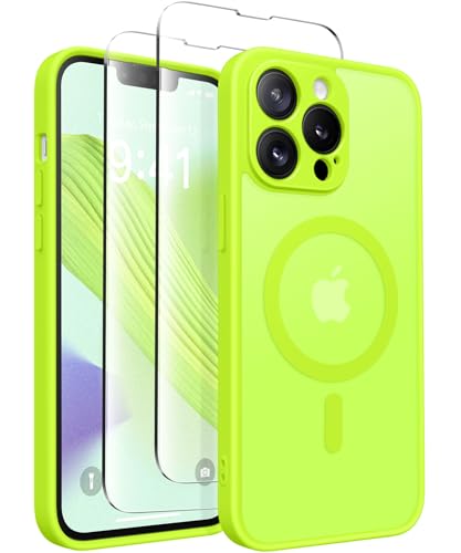 CAPRARO Magnetische für iPhone 13 Pro Max Hülle,[Kompatibel mit MagSafe] [Vollständiger Schutz der Kamera] Stoßfester Schutz Schlank Durchscheinende Matte iPhone 13 Pro Max Hülle,Fluoreszierendes Grün von CAPRARO