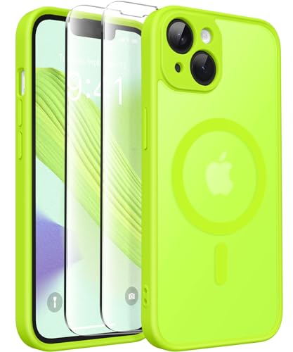 CAPRARO Magnetische für iPhone 14 Hülle,[Kompatibel mit MagSafe] [Vollständiger Schutz der Kamera] [14FT Fallschutz] Stoßfester Schutz Durchscheinende Matte Hülle für iPhone 14, Fluoreszierendes Grün von CAPRARO