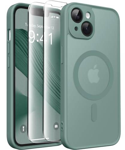CAPRARO Magnetische für iPhone 14 Hülle,[Kompatibel mit MagSafe] [Vollständiger Schutz der Kamera] [14FT Fallschutz] Stoßfester Schutz Durchscheinende Matte Hülle für iPhone 14,Mitternachtsgrün von CAPRARO