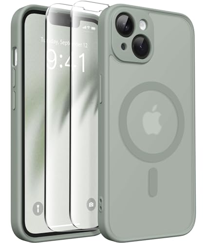CAPRARO Magnetische für iPhone 14 Hülle,[Kompatibel mit MagSafe] [Vollständiger Schutz der Kamera] [14FT Fallschutz] Stoßfester Schutz Schlank Durchscheinende Matte Hülle für iPhone 14,Grau Grün von CAPRARO