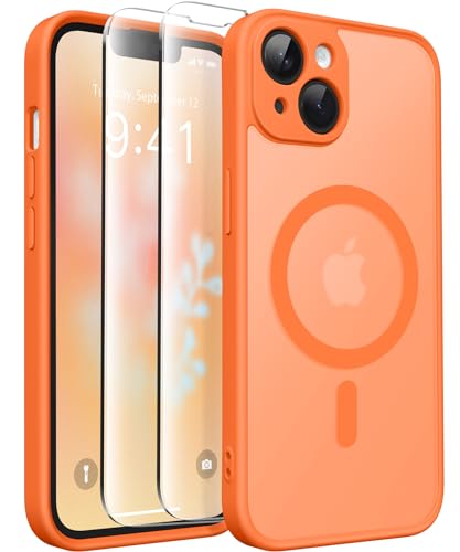 CAPRARO Magnetische für iPhone 14 Hülle,[Kompatibel mit MagSafe] [Vollständiger Schutz der Kamera] [14FT Fallschutz] Stoßfester Schutz Schlank Durchscheinende Matte Hülle für iPhone 14,Orange Gelb von CAPRARO