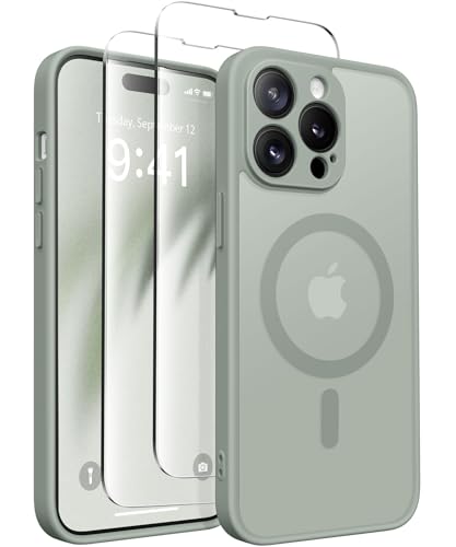 CAPRARO Magnetische für iPhone 14 Pro Hülle,[Kompatibel mit MagSafe] [Vollständiger Schutz der Kamera] Stoßfester Schutz Schlank Durchscheinende Matte iPhone 14 Pro Hülle,Grau Grün von CAPRARO