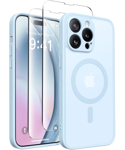 CAPRARO Magnetische für iPhone 14 Pro Hülle,[Kompatibel mit MagSafe] [Vollständiger Schutz der Kamera] Stoßfester Schutz Schlank Durchscheinende Matte iPhone 14 Pro Hülle,Hellblau von CAPRARO