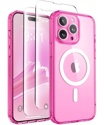 CAPRARO Magnetische für iPhone 14 Pro Hülle,[Kompatibel mit MagSafe] [Vollständiger Schutz der Kamera] Stoßfester Schutz Schlank Durchscheinende Matte iPhone 14 Pro Hülle,Klar Neon von CAPRARO