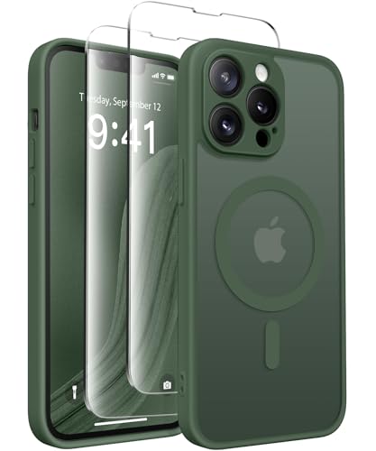 CAPRARO Magnetische für iPhone 14 Pro Hülle,[Kompatibel mit MagSafe] [Vollständiger Schutz der Kamera] Stoßfester Schutz Schlank Durchscheinende Matte iPhone 14 Pro Hülle,Tiefgrün von CAPRARO