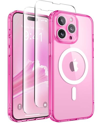 CAPRARO Magnetische für iPhone 15 Pro Hülle,[Kompatibel mit MagSafe] [Vollständiger Schutz der Kamera] Stoßfester Schutz Schlank Durchscheinende Matte iPhone 15 Pro Hülle,Klar Neon von CAPRARO