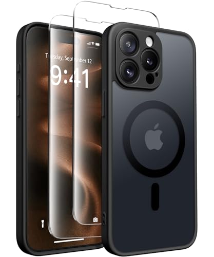 CAPRARO Magnetische für iPhone 15 Pro Hülle,[Kompatibel mit MagSafe] [Vollständiger Schutz der Kamera] Stoßfester Schutz Schlank Durchscheinende Matte iPhone 15 Pro Hülle,Schwarz von CAPRARO