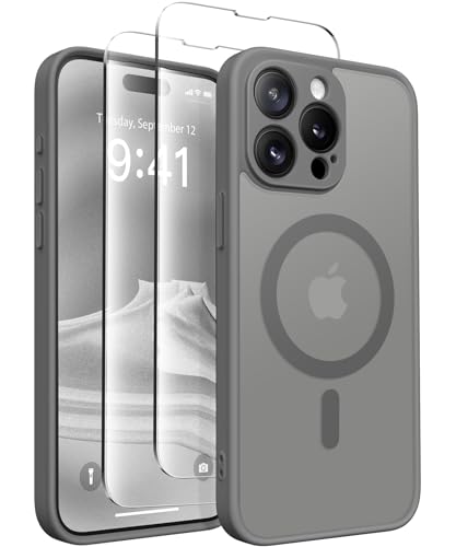 CAPRARO Magnetische für iPhone 15 Pro Max Hülle,[Kompatibel mit MagSafe] [Vollständiger Schutz der Kamera] Stoßfester Schutz Schlank Durchscheinende Matte iPhone 15 Pro Max Hülle,Dunkel Grau von CAPRARO