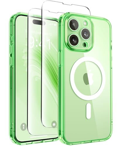 CAPRARO Magnetische für iPhone 15 Pro Max Hülle,[Kompatibel mit MagSafe] [Vollständiger Schutz der Kamera] Stoßfester Schutz Schlank Durchscheinende Matte iPhone 15 Pro Max Hülle,Klar Grün von CAPRARO