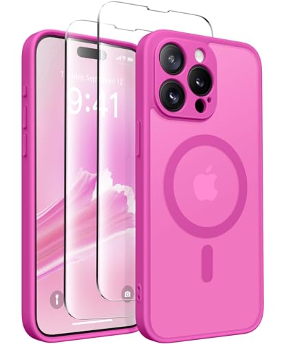 CAPRARO Magnetische für iPhone 15 Pro Max Hülle,[Kompatibel mit MagSafe] [Vollständiger Schutz der Kamera] Stoßfester Schutz Schlank Durchscheinende Matte iPhone 15 Pro Max Hülle,Schockierendes Rosa von CAPRARO