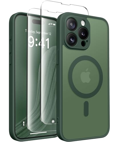 CAPRARO Magnetische für iPhone 15 Pro Max Hülle,[Kompatibel mit MagSafe] [Vollständiger Schutz der Kamera] Stoßfester Schutz Schlank Durchscheinende Matte iPhone 15 Pro Max Hülle,Tiefgrün von CAPRARO