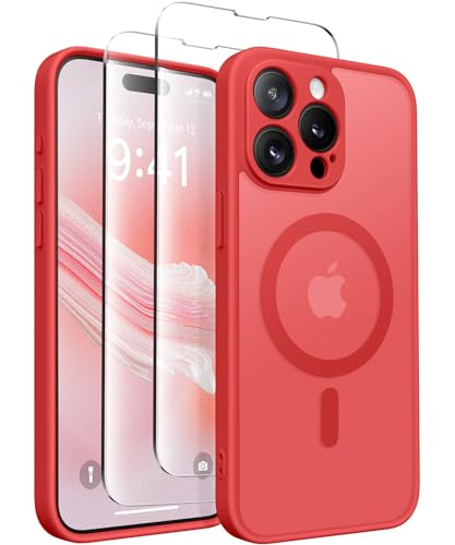 CAPRARO Magnetische für iPhone 15 Pro Max Hülle,[Kompatibel mit MagSafe] [Vollständiger Schutz der Kamera] Stoßfester Schutz Schlank Durchscheinende Matte iPhone 15 Pro Max Hülle,Wassermelonenrot von CAPRARO