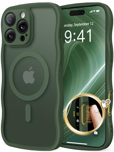 CAPRARO Magnetische für iPhone 16 Pro Max Hülle, [Vollständiger Schutz der Kamera] [Kompatibel mit MagSafe] Niedliche Welle Translucent Matte Handyhülle iPhone 16 Pro Max, Dunkel Grün von CAPRARO