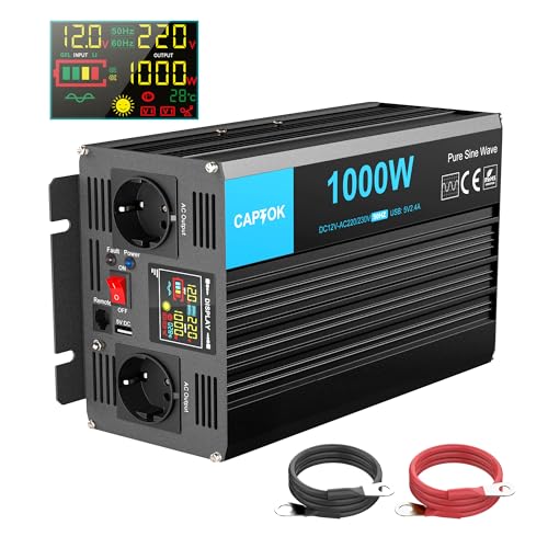 CAPTOK Spannungswandler 12V 230V 1000W/2000W Reiner Sinus KFZ Wechselrichter mit Fernbedienung 5V 2,4A USB Multifunktions-LCD-Digitalanzeige von CAPTOK