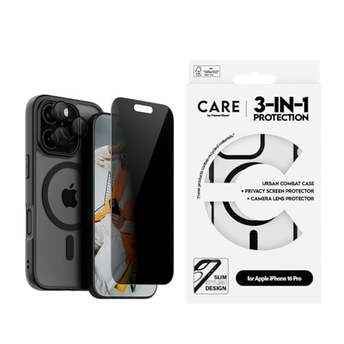 CARE BY PANZERGLASS® 3-in-1 Privacy Protection Pack für Apple iPhone 16 Pro mit MagSafe HardCase, Hoops® Kameraobjektivschutz und Blickschutzfolie - mit Montagehilfe für einfache Installation von CARE BY PANZERGLASS
